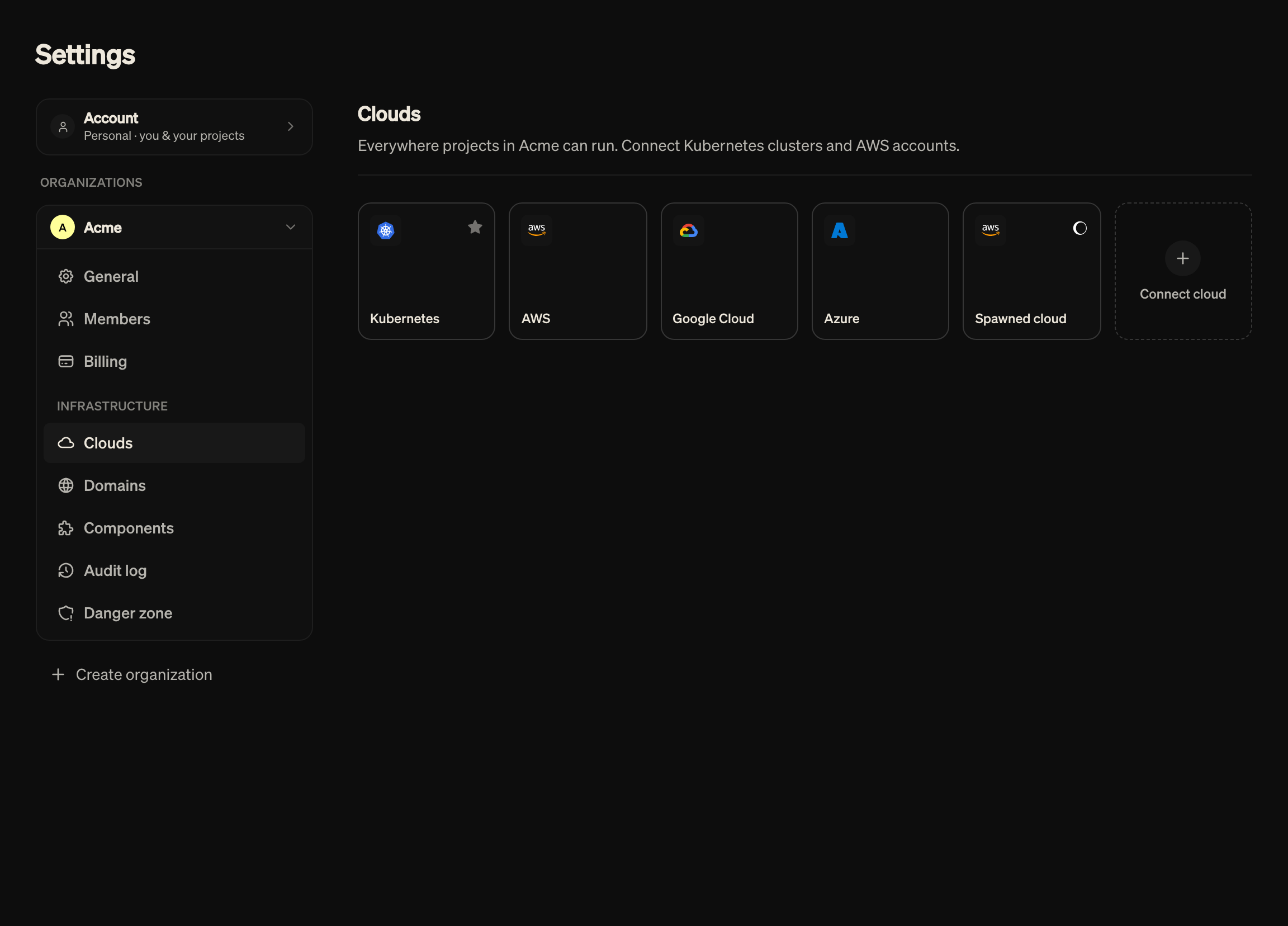 The Spawned platform's cloud settings: one organisation holding five connected clouds across four providers (a Kubernetes cluster, an AWS account, a Google Cloud project, an Azure subscription, and the platform-provided Spawned cloud) next to a dashed Connect cloud tile.